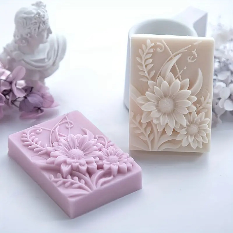 Soap Making Additives - แม่พิมพ์สบู่ซิลิโคนรูปทรงสี่เหลี่ยมผืนผ้าลายดอกไม้ 3 มิติ แม่พิมพ์เทียนหอมทำมือ DIY แม่พิมพ์ทำสบู่ทำมือ